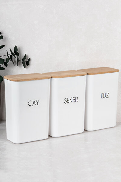 DNS HOME 3 Pieces Storage Container 3 Lt Tea Sugar Salt Storage Container Set Vacuum Wooden Lid Labeled Jar