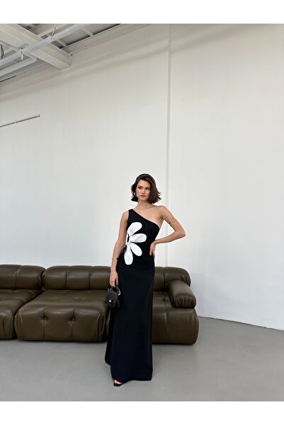 Rahy Çiçek Detaylı Bel Dekolteli Tek Omuz Keten Elbise