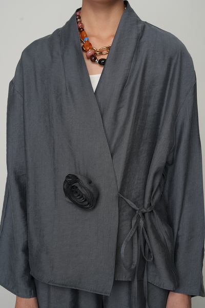 Orfeo Negro Women's Rose Detailed Side Tie Solid Color Kimono-Jacket