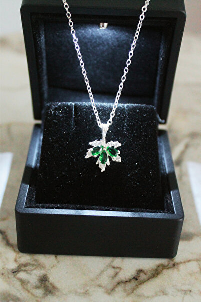 carrot silver 925 Ayar Gümüş Çınar Yaprağı Zümrüt Taşlı Kolye-Hediye Paketli