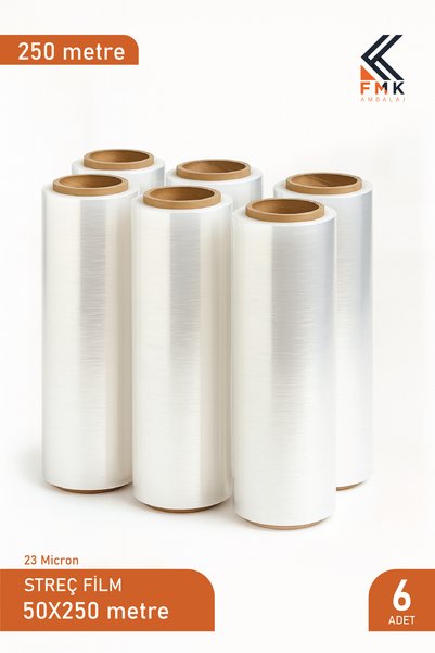 FMK Ambalaj 23 Mikron Streç Film 50cm x 250 Metre Şeffaf Paketleme Rulosu (6’lı Set)