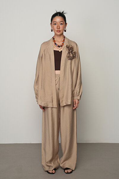 Orfeo Negro Women's Rose Detailed Solid Color Oversize Cut Kimono