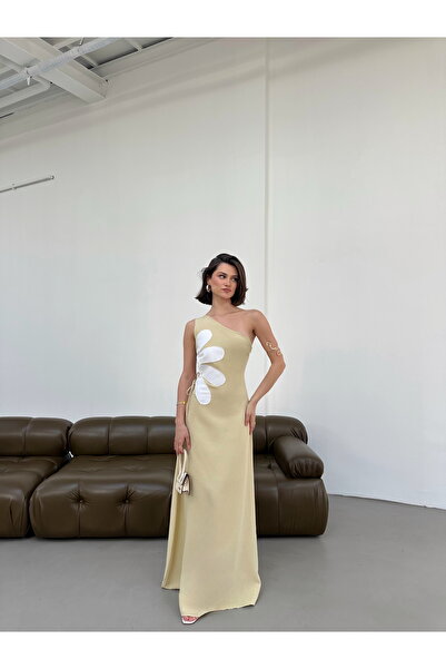 Rahy Çiçek Detaylı Bel Dekolteli Tek Omuz Keten Elbise
