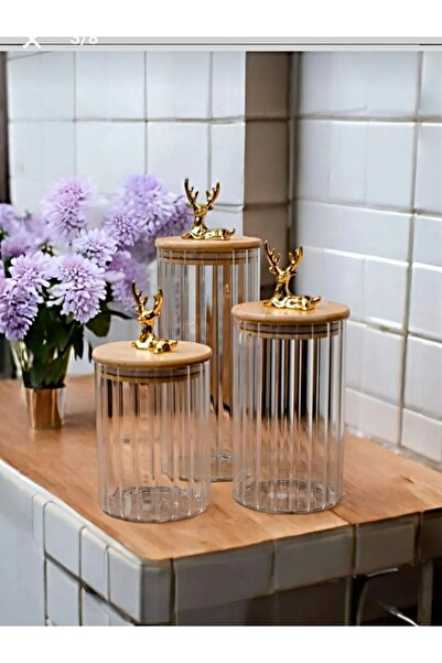 Paşabahçe 3'lü Lüks Borosilikat Bambu Kapaklı Cam Geyik Figürlü Şık Çizgili Cam Saklama Kabı Kavanoz Kezze