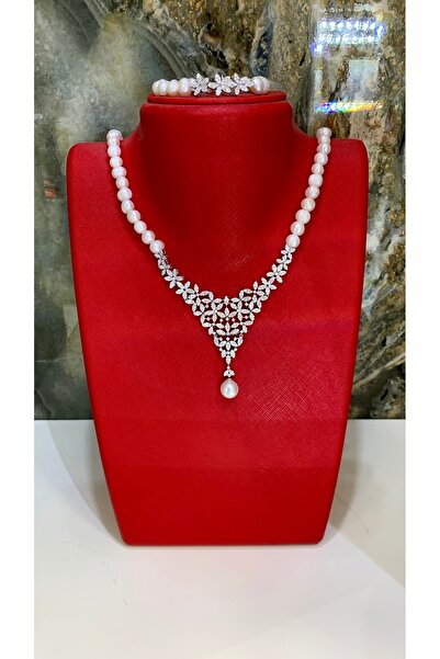 TRİA SİLVER Gerçek İnci Taşlı Zirkon Çiçek Desenli 925 Ayar Gümüş Kolye Küpe ...