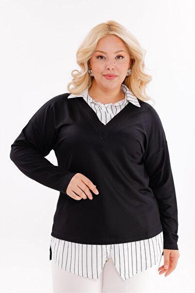 Siyezen Plus Size Striped Shirt Collar Blouse