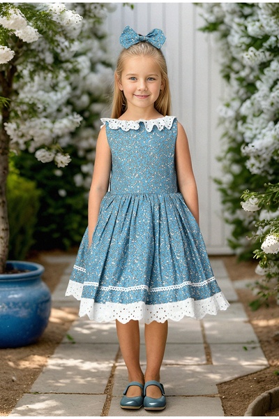 JBK فستان أطفال بتصميم هلال أزرق وأبيض مع ظهر على شكل حرف V وأكمام مفرغة ومشب...