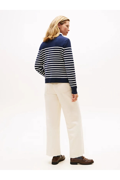 Tommy Hilfiger Kadın Saf Pamuklu Normal Kalıp Çizgili Gold Düğme Detaylı Uzun Kollu Örgü Lacivert Kazak WW0WW47305-