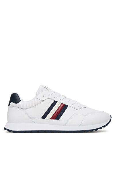 Tommy Hilfiger Ανδρικό δερμάτινο λευκό αθλητικό παπούτσι με χαμηλή σόλα με λογότυπο σημαίας FM0FM05637-YBS