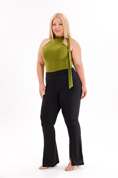 Siyezen Plus Size Lycra Crepe Fabric Trousers with Slit Legs