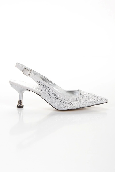 MFT AYAKKABI Kadın Taş İşlemeli 5 cm Tarz Topuklu Abiye Ayakkabı Gümüş Taşlı