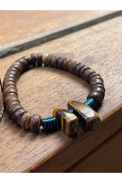 magıcgrange Masculine Men's Bracelet Set Special Design Leather and Tiger's Eye Natural Stone