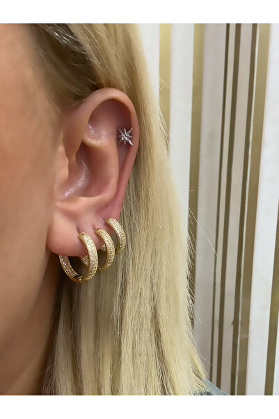 Hicrans Takı HALKA MODEL MİNİ TAŞLI ÜÇLÜ SET ÇELİK KÜPE