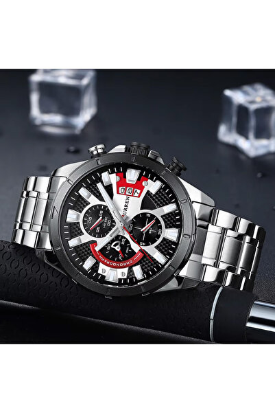Curren 8401 Men's Chronograph Sports Watch with Red And Black Dial Stainless Steel Strap Multifunction