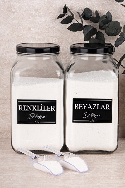 Dolkin Home 2'li Deterjanlık Seti Ölçekli Renkliler Beyazlar Deterjan 3000 ml Cam Kavanoz Deterjan Kutusu Seti