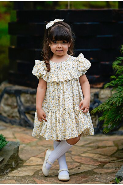 JBK Dora Yellow Crispy Flower Muslin Children's Dress and Buckle