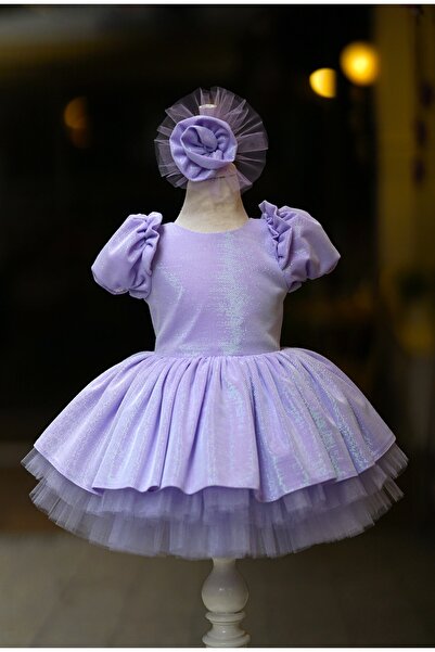 JBK فستان أطفال من قماش لامع ليلكي بأكمام قصيرة مع تنورة توتو ومشبك