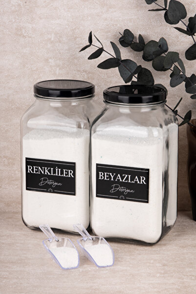 Dolkin Home 2'li Deterjanlık Seti Ölçekli Renkliler Beyazlar Deterjan 3000 ml Cam Kavanoz Deterjan Kutusu Seti