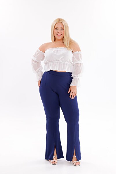 Siyezen Plus Size Lycra Crepe Fabric Trousers with Slit Legs