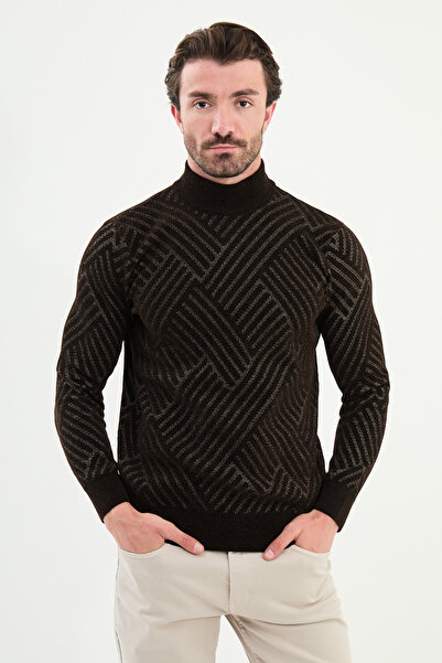 Mcr Patterned Slim Fit Half Turtleneck Chenille Fabric Men's Knitwear Sweater Brown - 11554.25K