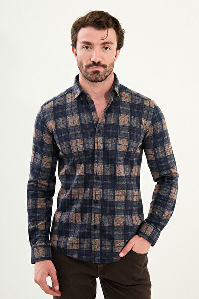 Mcr Ανδρικό πουκάμισο με μακρυμάνικο μάλλινο χαράκτη με καρό σχέδιο, μπλε-καμέλ - 27097.25K