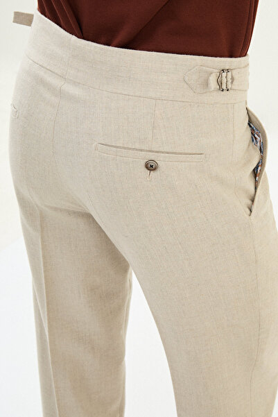Mcr Textured Slim Fit Belted Wool Men's Trousers Beige - 38329.25K