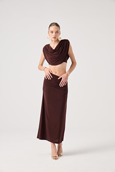 HOLLY LOLLY 3-Piece Yulia Set with Cape, Straps, Bustier, and Long Skirt - Brown