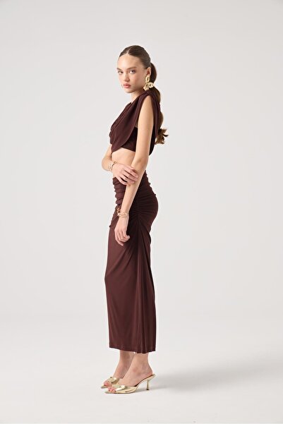 HOLLY LOLLY 3-Piece Yulia Set with Cape, Straps, Bustier, and Long Skirt - Brown