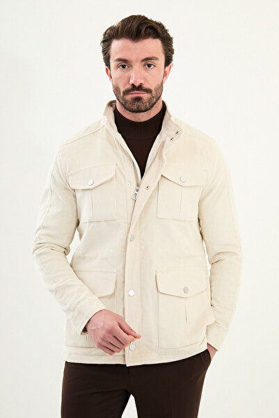 Mcr معطف واق من المطر رجالي مخملي بياقة مستقيمة وجيوب مخصرة وخطوط رفيعة - 213...