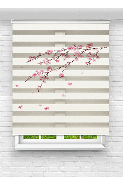 White Rose Design Pembe Kiraz Çiçeği Dalı Desenli Dijital Baskılı Zebra Perde
