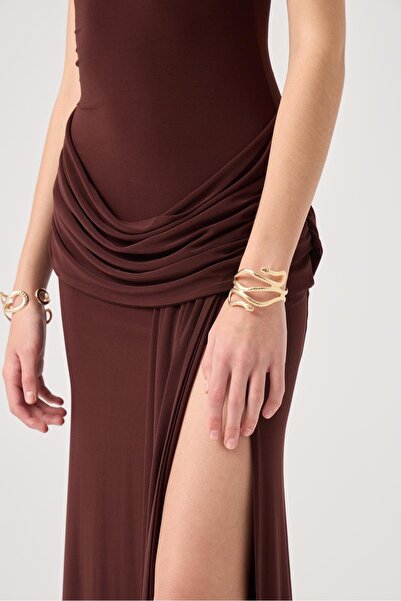 HOLLY LOLLY Balıkçı Yaka Yırtmaçlı Uzun Valentina Elbise Kahve