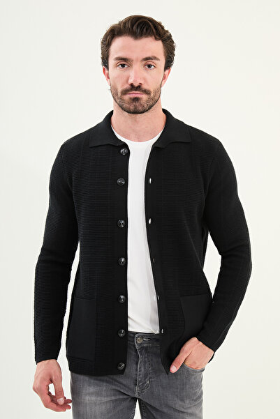 Mcr Patterned Slim Fit Pocket Shirt Collar Men's Knitwear Jacket Black - 11241.25K