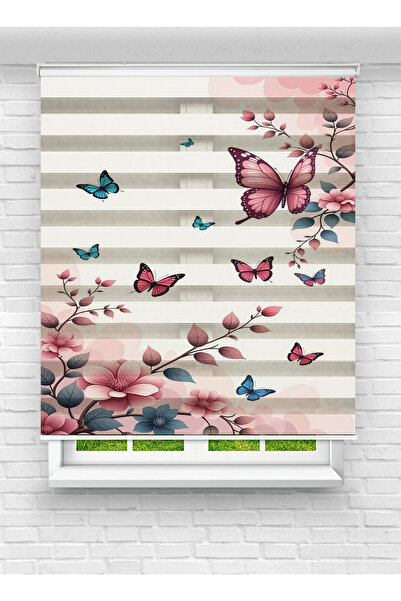 White Rose Design Pembe Kelebek ve Çiçek Desenli Dijital Baskılı Zebra Perde