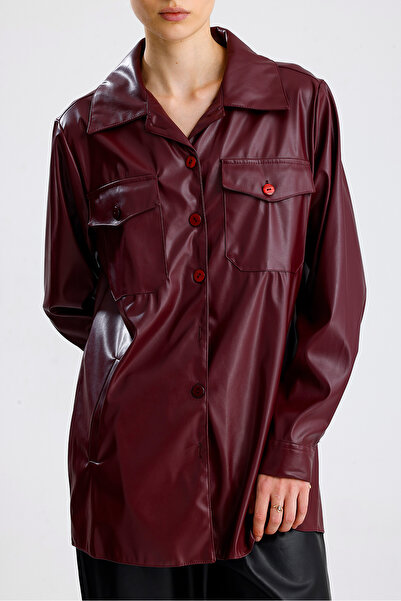 Sense Buttoned U Sleeve Leather Shirt with Front Pocket Gml33163 Burgundy