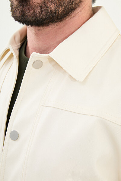 Mcr Straight Slim Fit Bag Pocket Shirt Collar Faux Leather Men's Coat Ecru - 39646.25K