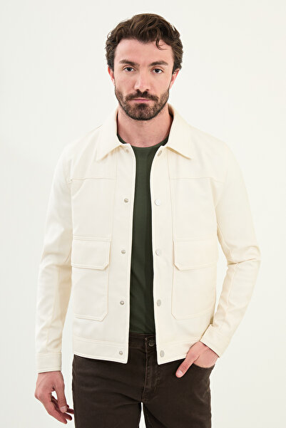 Mcr Straight Slim Fit Bag Pocket Shirt Collar Faux Leather Men's Coat Ecru - 39646.25K