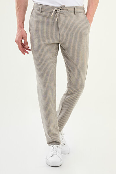 Mcr Ριγέ Super Slim Fit Ελαστική μέση με κορδόνι βαμβακερό ανδρικό παντελόνι μπεζ - 38324.25K