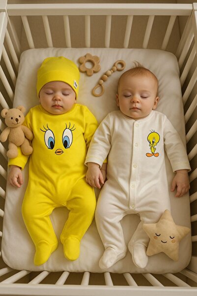 VANİLLİA Organik %100 Pamuklu Tweety Baskılı 3'lü Tulum Set Yenidoğan Takımı 0-3/3-6 ay
