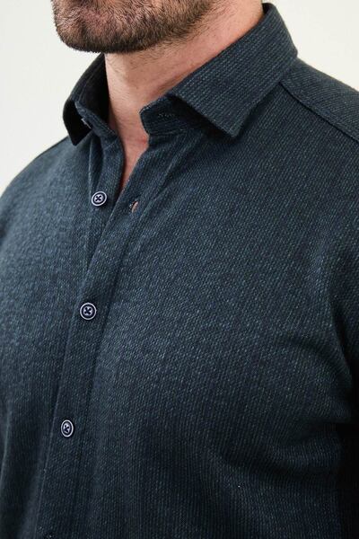 Mcr Striped Slim Fit Long Sleeve Lumberjack Wool Men's Shirt Navy Blue-Green - 27099.25K