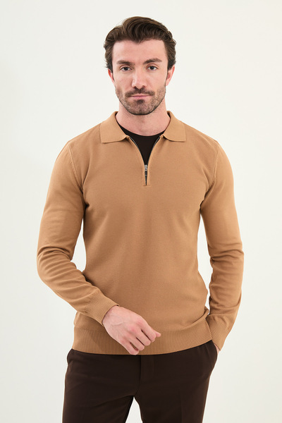 Mcr Patterned Slim Fit Zippered Polo Collar Men's Knitwear Sweater Camel - 11565.25K