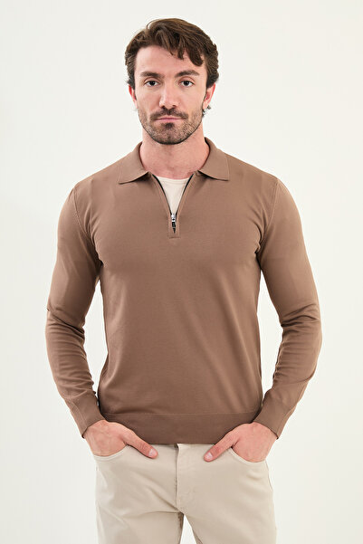 Mcr Прави, прилепващ, с цип, поло яка, мъжки плетен пуловер, кремав - 11560.25K