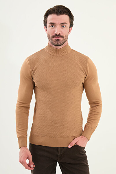 Mcr Patterned Slim Fit Half Turtleneck Men's Knitwear Sweater Camel - 11546.25K