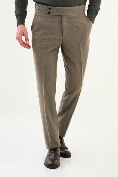 Mcr Textured Slim Fit Belted Wool Men's Trousers Khaki - 38329.25K