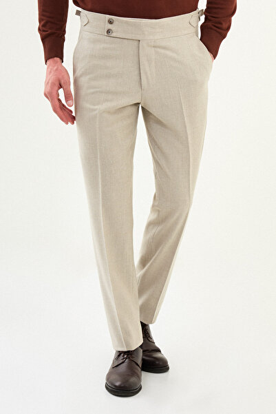 Mcr Textured Slim Fit Belted Wool Men's Trousers Beige - 38329.25K