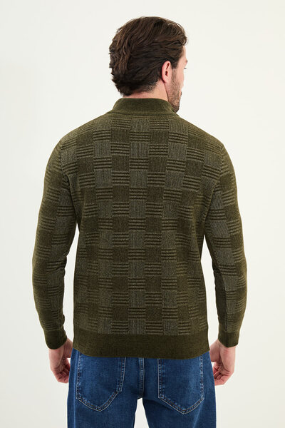 Mcr Patterned Slim Fit Zippered Half Turtleneck Chenille Fabric Men's Knitwear Sweater Khaki - 11553.25K