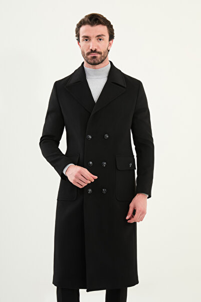 Mcr Straight Slim Fit Bag Pocket Wide Collar Double Breasted Long Cashmere Men's Coat Black - 21322.25K
