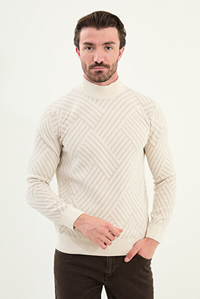 Mcr Patterned Slim Fit Half Turtleneck Chenille Fabric Men's Knitwear Sweater Ecru - 11554.25K