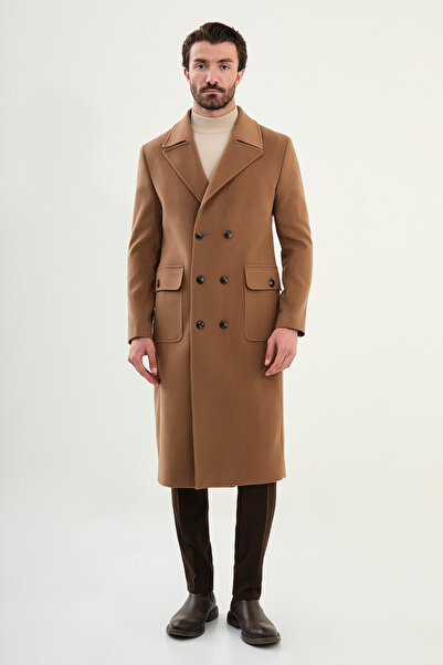 Mcr Straight Slim Fit Bag Pocket Wide Collar Double Breasted Long Cashmere Men's Coat Camel - 21322.25K