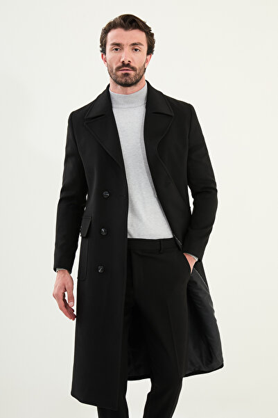 Mcr Straight Slim Fit Bag Pocket Wide Collar Double Breasted Long Cashmere Men's Coat Black - 21322.25K