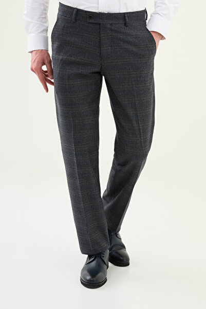 Mcr Καρό Ανδρικό Παντελόνι Στενής Γραμμής από Κλασικό Μαλλί Ναυτικό Μπλε - 38...